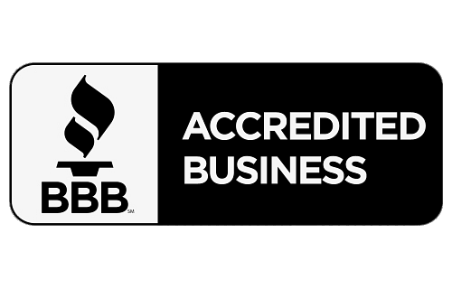 A black torch icon with the letters 'BBB' in black, placed on a white background. Beside, on a black background, the words 'ACCREDITED BUSINESS' are displayed in white font