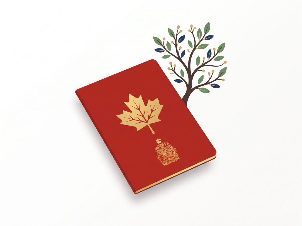 Illustration of a red Canadian passport with a gold maple leaf on the cover, placed in front of a stylized tree with green and blue leaves, symbolizing Canadian citizenship, immigration, and growth.