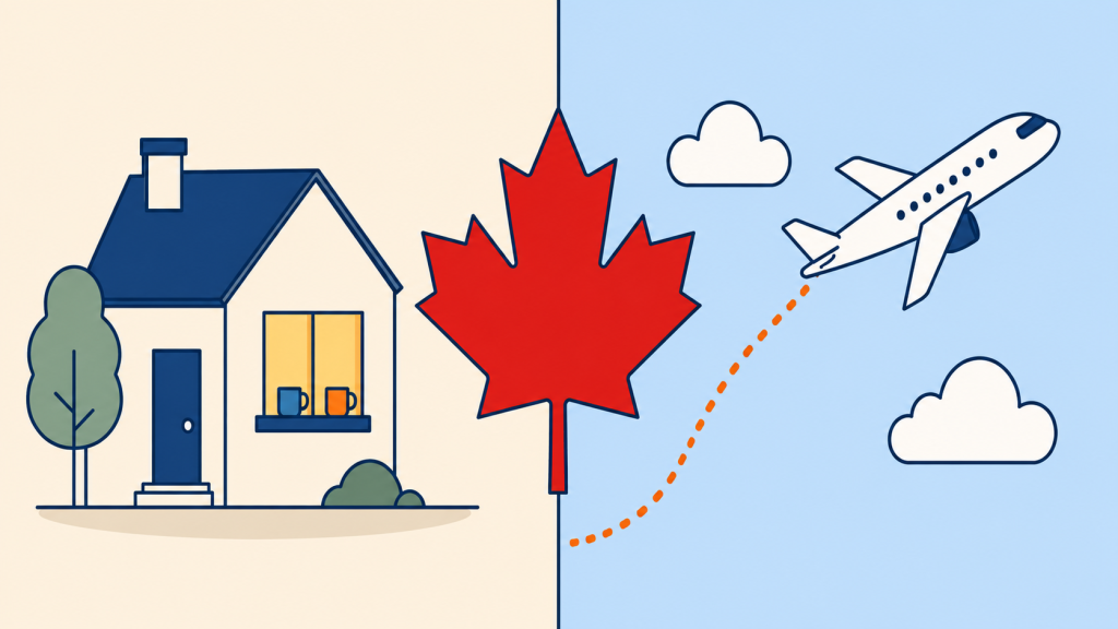 Canadian immigration illustration showing a home, maple leaf, and airplane representing relocation to Canada.