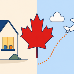 Canadian immigration illustration showing a home, maple leaf, and airplane representing relocation to Canada.