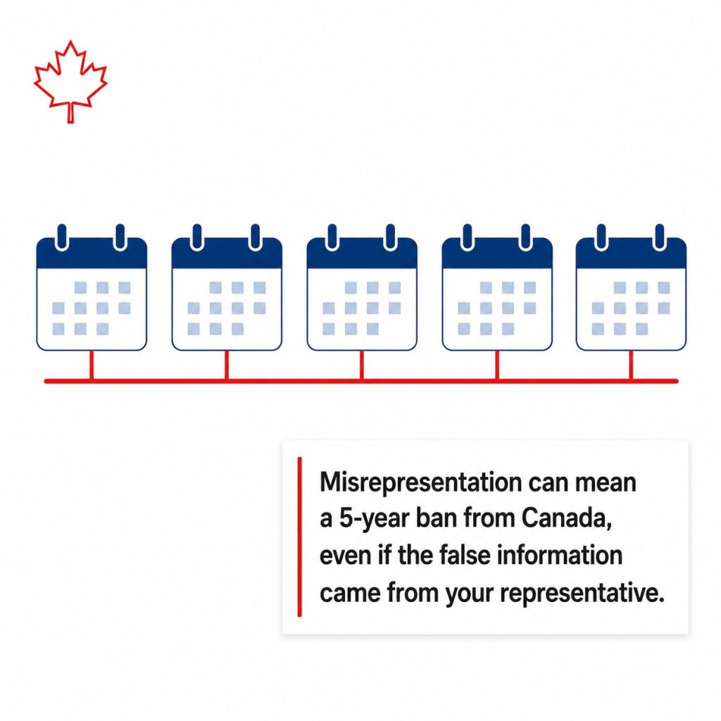Illustration of five calendar year blocks with text on the five-year ban for misrepresentation in Canada