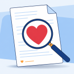 Flat illustration of a document with a red heart being reviewed under a magnifying glass, representing relationship evidence for immigration.