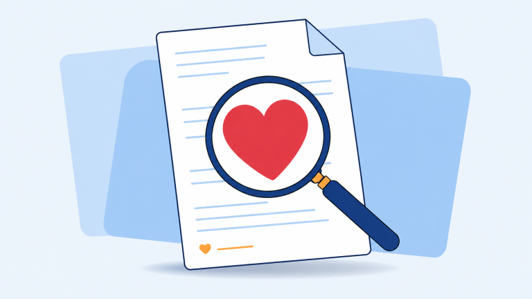 Flat illustration of a document with a red heart being reviewed under a magnifying glass, representing relationship evidence for immigration.