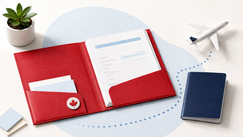 Canadian study permit documents in a red folder beside a blue passport and model airplane, illustrating travel preparation for international students.