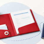 Canadian study permit documents in a red folder beside a blue passport and model airplane, illustrating travel preparation for international students.