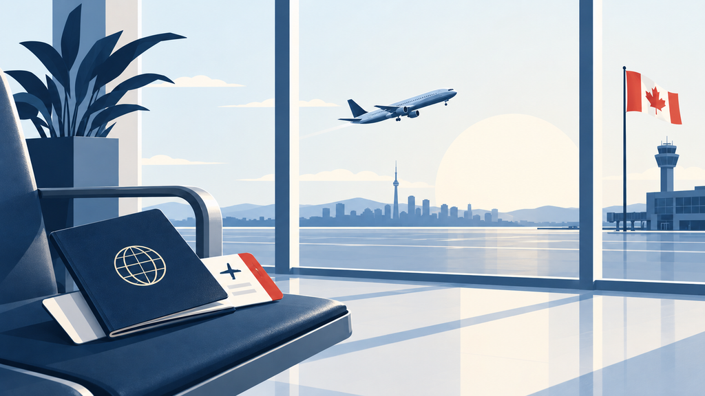 Canadian study permit travel scene showing a passport, boarding document, airport runway, departing plane, and Canadian flag.